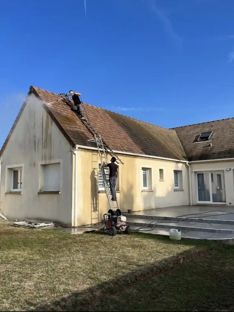 Traitement de toiture en Essonne : artisan de l'Entreprise Kirsmann pulvérisant un produit de protection sur une couverture en tuiles, versant à moitié traité.